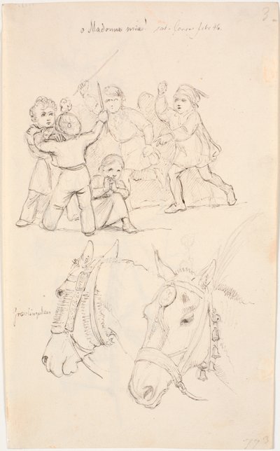 2頭の馬の頭の下で争っている男の子のグループの真ん中にいる小さな女の子 作： Johan Thomas Lundbye