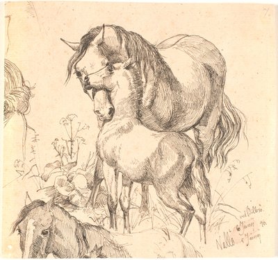 雌馬と子馬、f.n。 馬の研究 (背中と頭) と子馬の耳 作： Johan Thomas Lundbye
