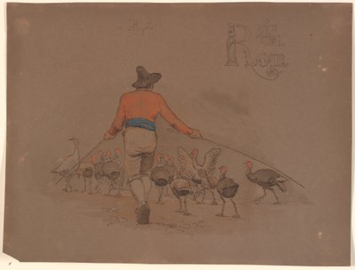 竹の棒を使って七面鳥の群れを追い払うイタリア人 作： Johan Thomas Lundbye