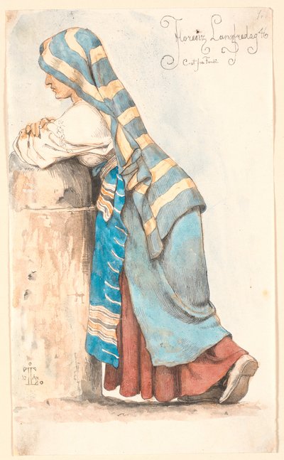 低い石柱にもたれるイタリア人女性 作： Johan Thomas Lundbye