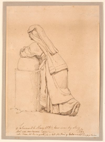 低い小さな錠剤に寄りかかっているイタリア人女性 作： Johan Thomas Lundbye