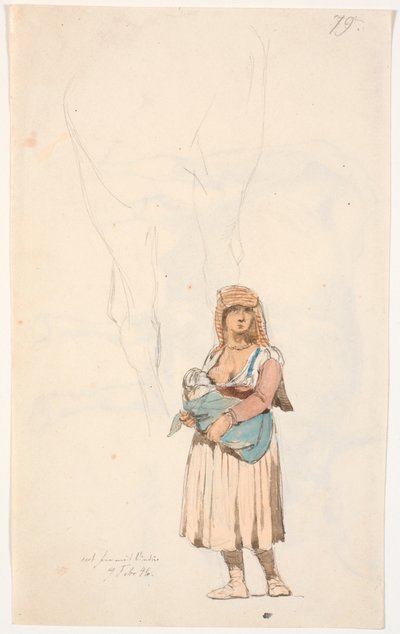 授乳中の子供を連れたイタリア人女性、上部に鉛筆で描かれた - おそらく - 馬の脚 作： Johan Thomas Lundbye