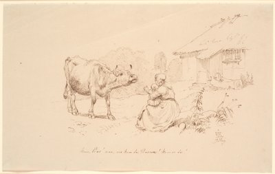 来いボス！ 住宅の外に座っている女性と子供が牛に向かって手を伸ばしている 作： Johan Thomas Lundbye
