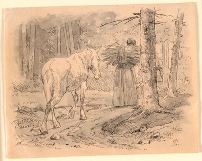 妻と馬。 Kaalund の「Fables for Children」のイラスト。 シート カタログのコメントを参照してください。 作： Johan Thomas Lundbye