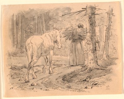 妻と馬。 Kaalund の「Fables for Children」のイラスト。 シート カタログのコメントを参照してください。 作： Johan Thomas Lundbye