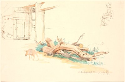 いくつかの丸太と納屋の門の前にいる豚、座っている農夫の右上の習作 作： Johan Thomas Lundbye