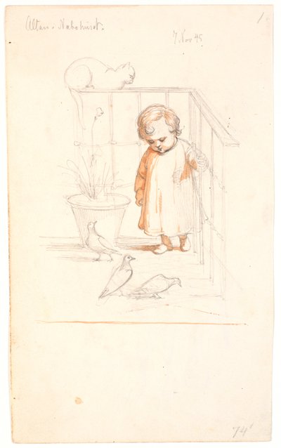 バルコニーでのシーン。 ハトを見ている小さな男の子。 背景の手すりに丸くなった猫 作： Johan Thomas Lundbye