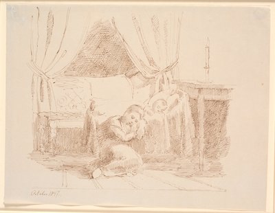 床に座って眠っている少女と寝室のインテリア、眠っている子供と一緒にゆりかごにもたれかかって 作： Johan Thomas Lundbye