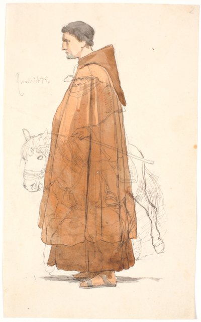 横顔で立っている若いフランシスコ会修道士が上に描かれているのは、乗馬のカンパニョルです。 作： Johan Thomas Lundbye