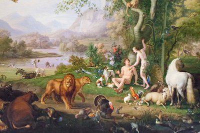 エデンの園のアダムとイブ（キャンバスに油彩） 作： Johan Wenzel Peter