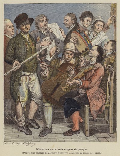 旅する音楽家と庶民（カラーリトグラフ 作： Johann (after) Zoffany