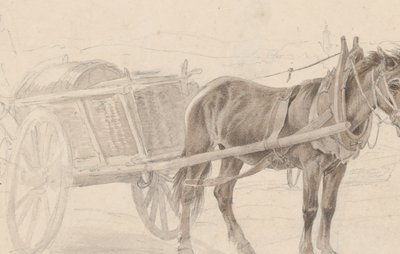 街灯柱の近くで茶色の馬が引くカート、Verso: A Group of Mounted Officers, ca. 1815年。 作： Johann Adam Klein