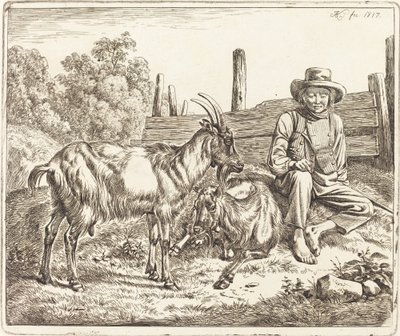 2頭のヤギを連れた羊飼いの少年 作： Johann Adam Klein