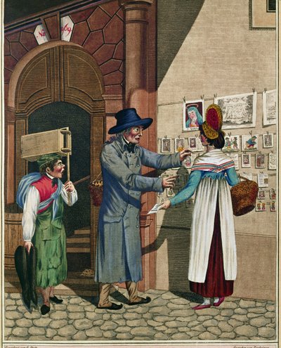 1810年頃、ウィーンで流行したバラッドや版画を売り歩く靴屋の見習い。 作： ヨハン・アドルフ・オピッツ