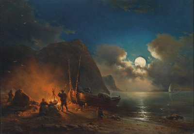 月明かりの下でロマンチックなたき火 作： Johann Anton Castell