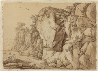 巨大な岩層の近くに座っている若いカップル 作： Johann August Nahl II