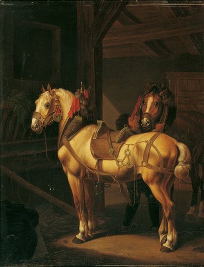 厩舎にいる 2 頭の荷馬 作： Johann Baptist Michael Dallinger von Dalling