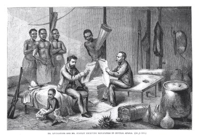 ピアソンによって刻まれた、デビッドリビングストン博士（1813-73）とヘンリーモートンスタンリー（1841-1904）が中央アフリカで新聞を受け取る 作： Johann Baptist Zweecker