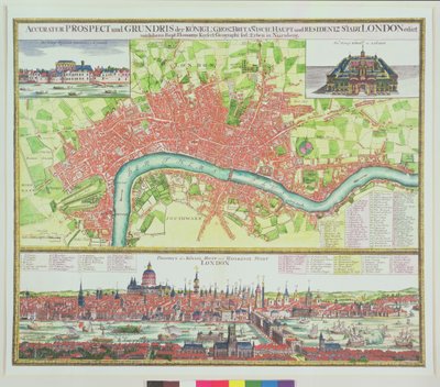 ロンドンの航空地図、サウスバンクからのテムズ川の眺め、セント ポールとロンドン橋、ヨハン B. ホーマン作、1730 年頃（手描きの彫刻） 作： Johann Baptista Homann