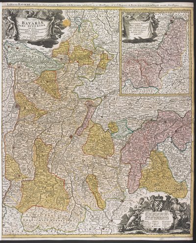 バイエルン州の地図、「Bavariæ Pars Superior」、1715年以降（カラー彫刻） 作： Johann Baptista Homann