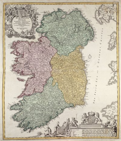 ヨハンB.ホーマン作のアルスター、ミュンスター、コンノート、レンスターの各州を示すアイルランドの地図、c.1730（手描きの彫刻） 作： Johann Baptista Homann