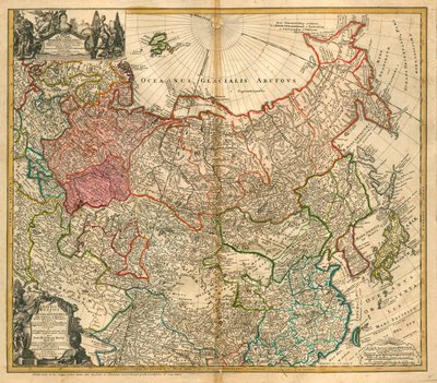 ロシアの地図 (From:Imperii Russici et Tartariae universae tam majoris et Asiatica quam minoris et Europaeae tabula） - Homann, Johann Baptist (1663-1724) - 1738 - 銅版画、水彩画 - 個人蔵 作： Johann Baptista Homann