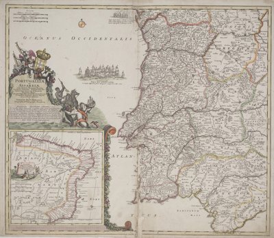 ポルトガルとアルガルヴェ（Portugallia et Algarbiae）、1704年頃（手彩色の銅版画 作： Johann Baptista Homann