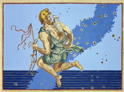ヨハン・バイエルの「ウラノメトリア」からの北半球の星座、アウリガ、アレクサンダー・メア（1559-c.1616）1603（手彩色の銅彫刻） 作： Johann Bayer