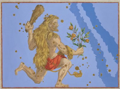 ヘラクレスライオンの毛皮の星座、ヨハンバイエルの「ウラノメトリア」から、アレクサンダーメア（1559-c.1616）1603（手彩色の銅版画）で彫刻 作： Johann Bayer