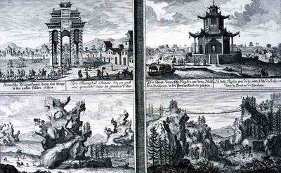 中国の凱旋門、ザントゥム州シンクシエンのパゴダ、人工的な山と洞窟、中国のキングトンの町の近くにある鎖橋を示す4つのビュー、「Entwurf einer historischen Architektur」より、Johann Adam Delsenbの彫刻による 作： Johann Bernhard (after) Fischer von Erlach