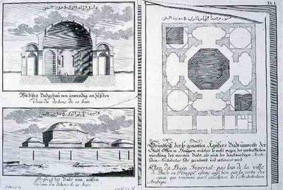 ハンガリー、ブダペストの皇室浴場の平面図、立面図、断面図（「Entwurf einer historischen Architektur」より 作： Johann Bernhard (after) Fischer von Erlach