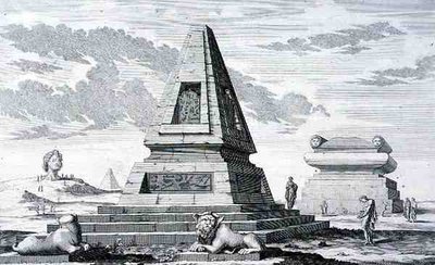 ヘリオポリスの遺跡で発見されたエジプトのソティス王の墓を示すピラミッド。 Entwurf einer historischen Architektur」より。 作： Johann Bernhard (after) Fischer von Erlach
