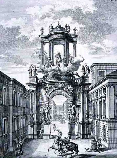 ヨハン・アダム・デルゼンバッハ（1687-1765）が1721年に彫った「Entwurf einer historischen Architektur」より、ウィーンの凱旋門（エングレーヴィング 作： Johann Bernhard (after) Fischer von Erlach