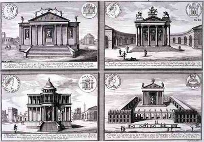 ヨハン・アダム・デルゼンバッハ（1687-1765）が彫った「Entwurf einer historischen Architektur」より、ローマ時代のコインから引用された4つの神殿の図。 作： Johann Bernhard (after) Fischer von Erlach