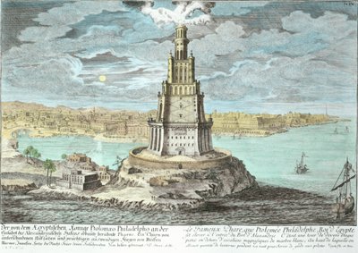 ヨハンアダムデルゼンバッハ（1687-1765）によって彫刻されたEntwurf einer historischen Architekturから、エジプトのプトレマイオス大王（紀元前30年後36年）によって建てられたアレクサンドリアの灯台、1721年（後の色） 作： Johann Bernhard Fischer von Erlach