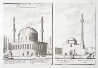 ブルサのモスクとハンガリーのモスクの眺め、「歴史的建造物の設計」、1721年 作： Johann Bernhard Fischer von Erlach