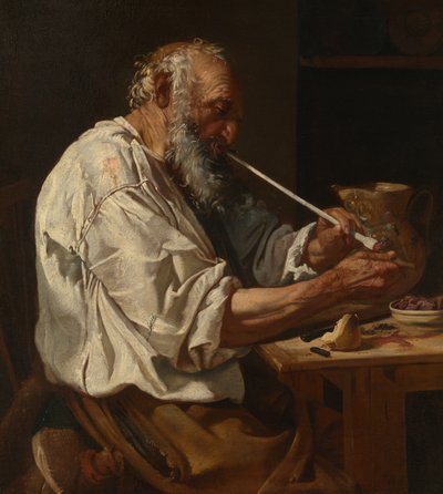 パイプに火をつける老人 作： Johann Carl Loth