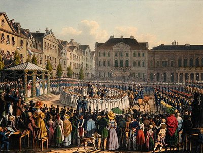 1831年のカッセル市民衛兵の旗の奉納式（カラーリトグラフ） 作： Johann Christian Arnold