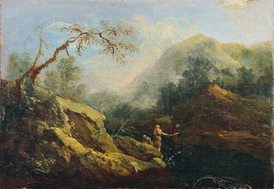 釣り人のいる山岳風景 作： Johann Christian Brand