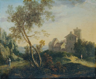 木々と要塞化された村のある理想的な風景 (夕方) 作： Johann Christian Brand