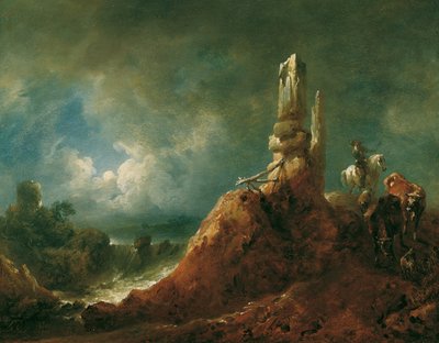 月明かりの廃墟とライダーのいる風景 作： Johann Christian Brand