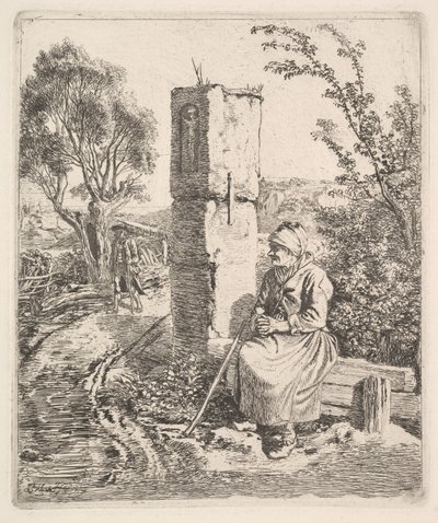道端の柱の近くに座る老婦人、1819年。 作： Johann Christian Erhard