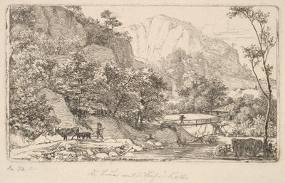 1818年、ベルヒテスガーデン近くのウンターベルクにいる牛と子牛の農民。 作： Johann Christian Erhard