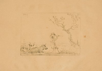 牛と一緒に大鎌を研ぐ牧夫 作： Johann Christian Klengel