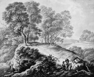 人影のある風景と背の高い木々の間の道 作： Johann Christian Klengel