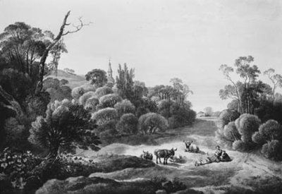 牛と羊飼いの夫婦のいる風景 作： Johann Christian Klengel