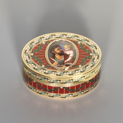 スナッフボックス、ドレスデン、c.1775-80、ミニチュアジュネーブ、c.1800（サクソンのハードストーン、ゴールド、エナメル） 作： Johann Christian Neuber