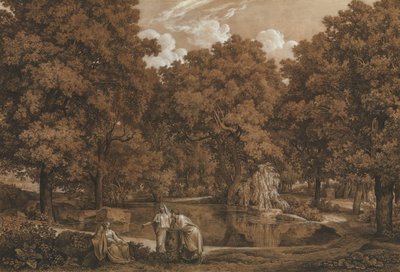 湖に 3 人の人物がいるアルカディアの風景、1792 年。 作： Johann Christian Reinhart