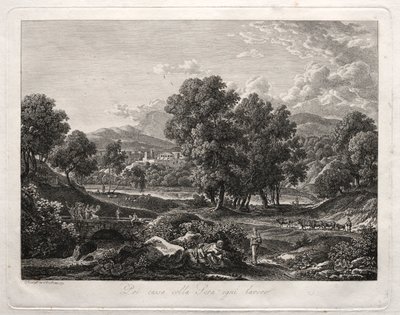 ヒロイックランドスケープ：橋の上の羊飼いのダンス、1792年。 作： Johann Christian Reinhart