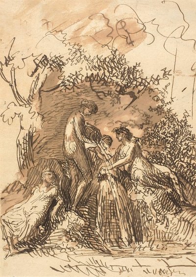 噴水の若い女の子 (直腸); 足のスケッチの断片 (裏面) 作： Johann Christian Reinhart